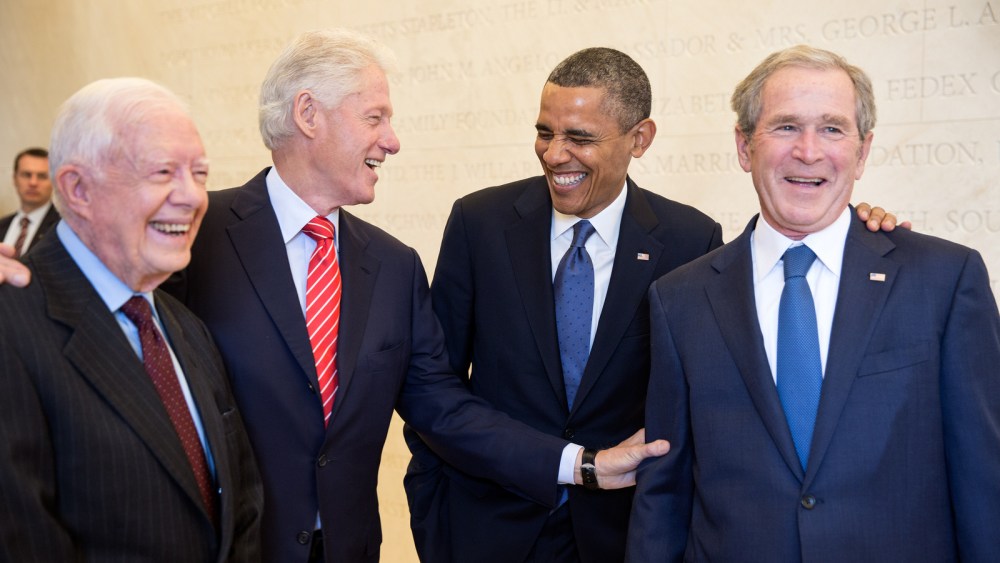 President Barack Obama laughs with former Presidents Jimmy Carter, Bill Clinton, and George W. Bush on the campus of Southern Methodist University in Dallas, Texas, April 25, 2013.