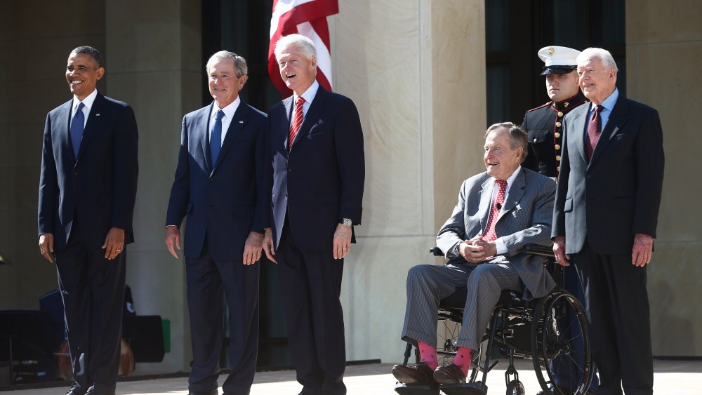 President Barack Obama stands with former presidents George W. Bush, Bill Clinton, George H.W. Bush, and Jimmy Carter at the dedication of the George W. Bush presidential library on the campus of Southern Methodist University in Dallas, Thursday, April...