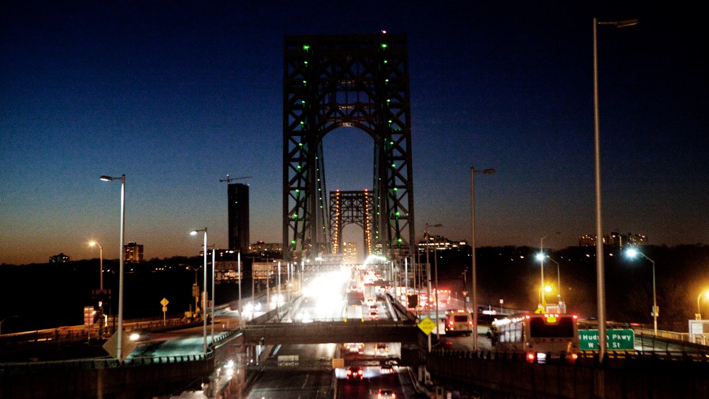 A night scene of the George Washington Bridge.