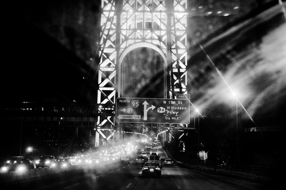 A night scene of the George Washington Bridge.