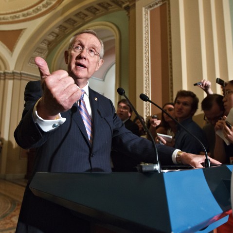 Senate Majority Leader Harry Reid of Nev. speaks to reporters on Capitol Hill in Washington, Tuesday, June 26, 2012, following the Democrats' weekly strategy session.  (AP Photo/J. Scott Applewhite)