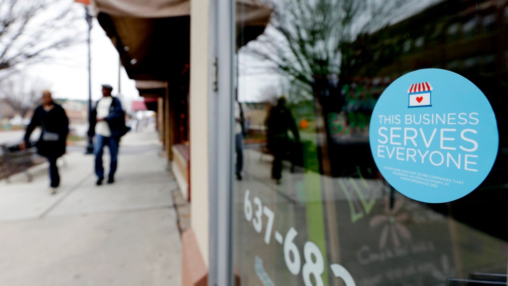 A window sticker on a downtown Indianapolis florist, on March 25, 2015, shows it's objection to the Religious Freedom bill passed by the Indiana legislature.
