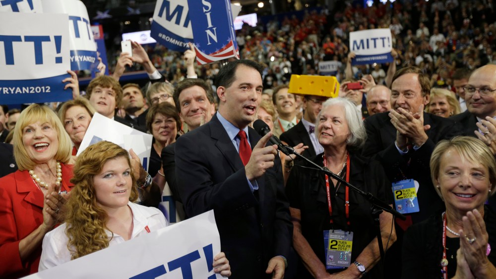 Wisconsin Gov. Scott Walker speaks at the Republican National Convention in Tampa, Fla., on Tuesday, Aug. 28, 2012.