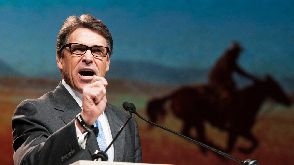 Gov. Rick Perry gives a speech during the Texas GOP Convention in Fort Worth, Texas, June 5, 2014.