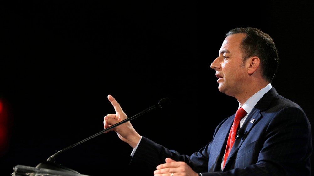 Chairman of the Republican National Committee Reince Priebus addresses an audience on July 31, 2014, in Boston.