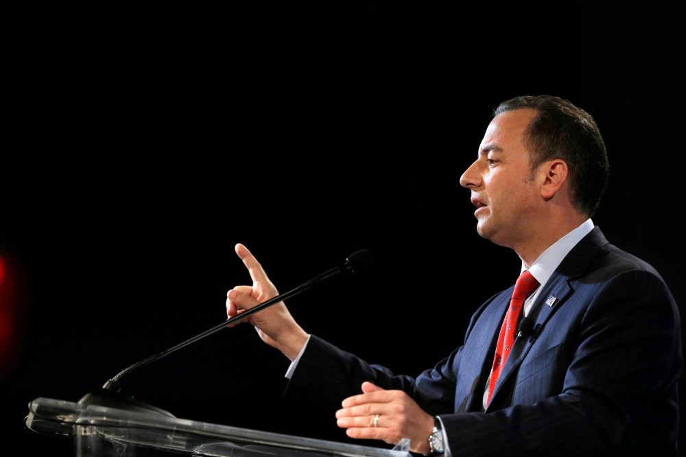 Chairman of the Republican National Committee Reince Priebus addresses an audience on July 31, 2014, in Boston.