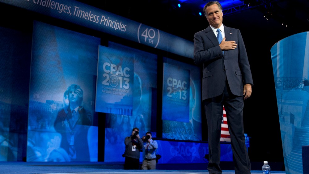 2012 Republican presidential candidate Mitt Romney at the 40th annual Conservative Political Action Conference in National Harbor, Md., Friday, March 15, 2013.
