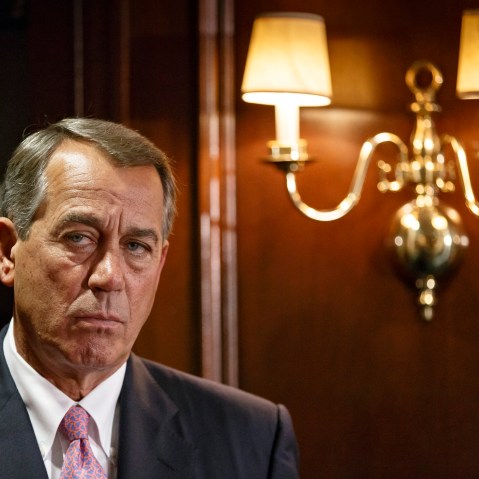 House Speaker John Boehner listens as GOP leaders speak to reporters following a Republican strategy meeting on Capitol Hill in Washington, Tuesday, April 29, 2014.