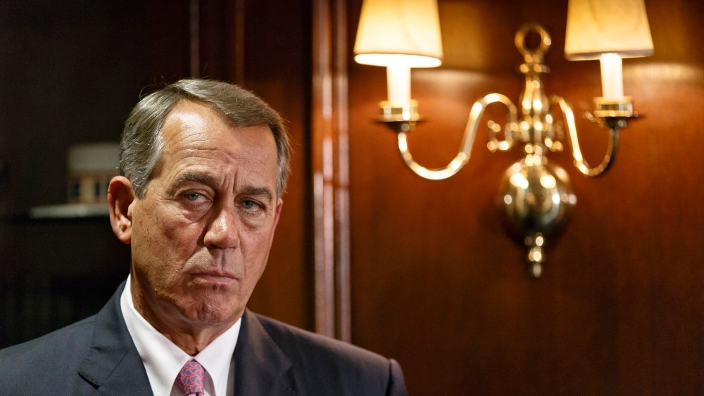 House Speaker John Boehner listens as GOP leaders speak to reporters following a Republican strategy meeting on Capitol Hill in Washington, Tuesday, April 29, 2014.