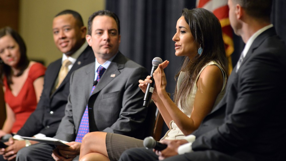 New Hampshire state Rep. Marilinda Garcia,  second from right, speaks as, from left, Karin Agness, founder of Network of Enlightened Women, Speaker of the House in Oklahoma, T.W. Shannon,  Chairman of the Republican National Committee Reince Priebus,...