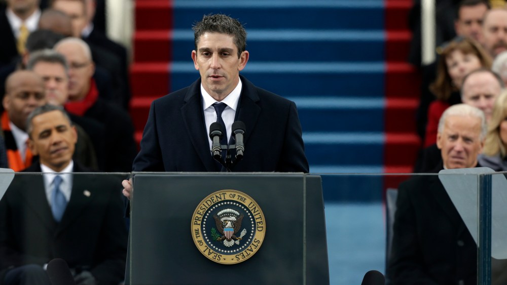 President Barack Obama, left, and Vice President Joe Biden listen as poet Richard Blanco speaks at the ceremonial swearing-in on the West Front of the U.S. Capitol during the 57th Presidential Inauguration in Washington, Monday, Jan. 21, 2013. (AP...