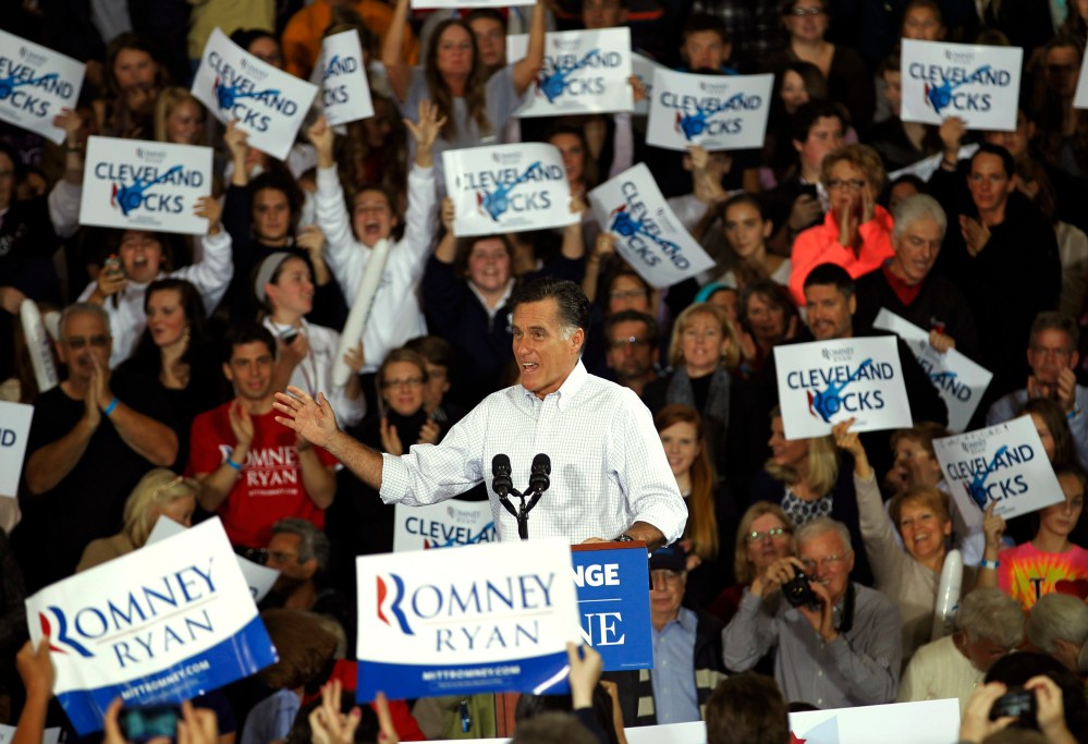 Republican presidential candidate and former Massachusetts Gov. Mitt Romney speaks at a campaign event at Avon Lake High School Monday, Oct. 29, 2012, in Avon Lake, Ohio. (AP Photo/Tony Dejak)