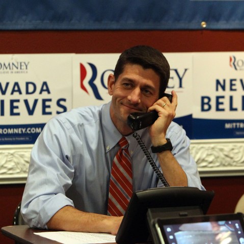 Republican vice presidential candidate, Rep. Paul Ryan of Wisconsin mans the phones at the Team Nevada headquarters in Las Vegas, Thursday, Nov. 1, 2012. (AP Photo/Las Vegas Review-Journal, Jerry Henkel, pool)