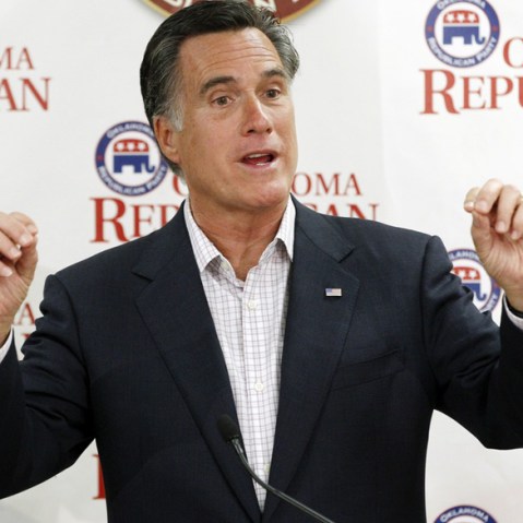 Former Massachusetts Gov. Mitt Romney, gestures as he speaks to supporters at Oklahoma state Republican Party Headquarters in Oklahoma City, May 9, where he repeated his view that marriage should be restricted to one man and one woman. (Photo: Sue...