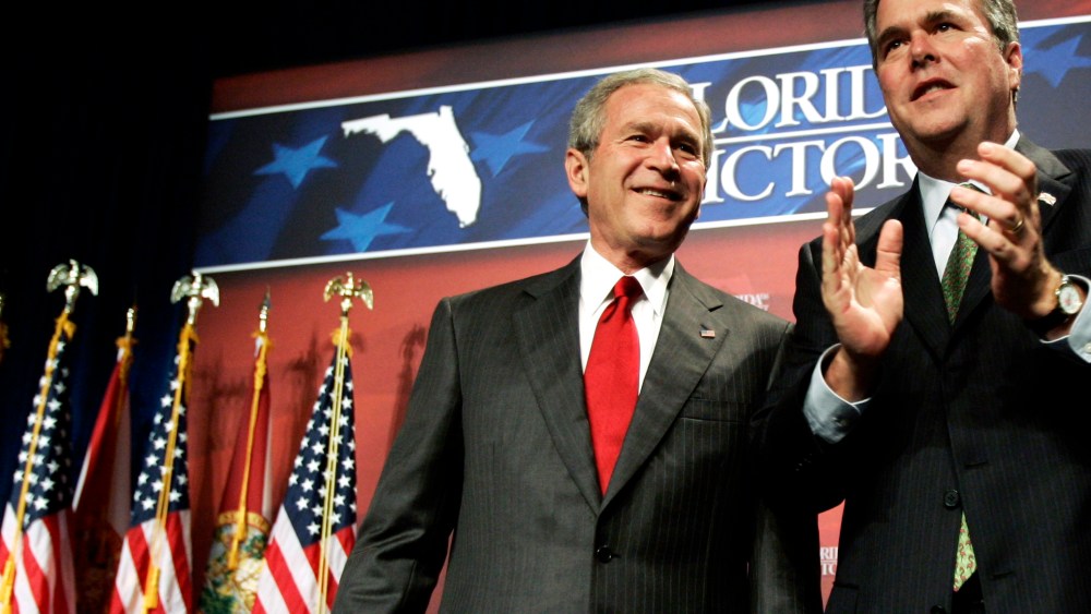 Then-US President George W. Bush is introduced by his brother, Florida Governor Jeb Bush, at a fundraiser in Orlando, Fl. Feb. 17, 2006. (Photo by Jason Reed/Reuters)