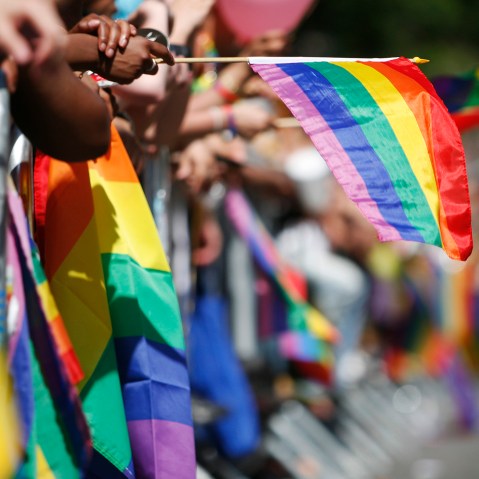 The sidewalks are filled with rainbow flags as revelers celebrate Gay Pride.