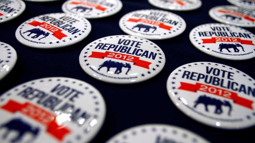 Buttons are displayed by a vendor at a Republican National Committee meeting, April 20, 2012 in Scottsdale, Arizona.