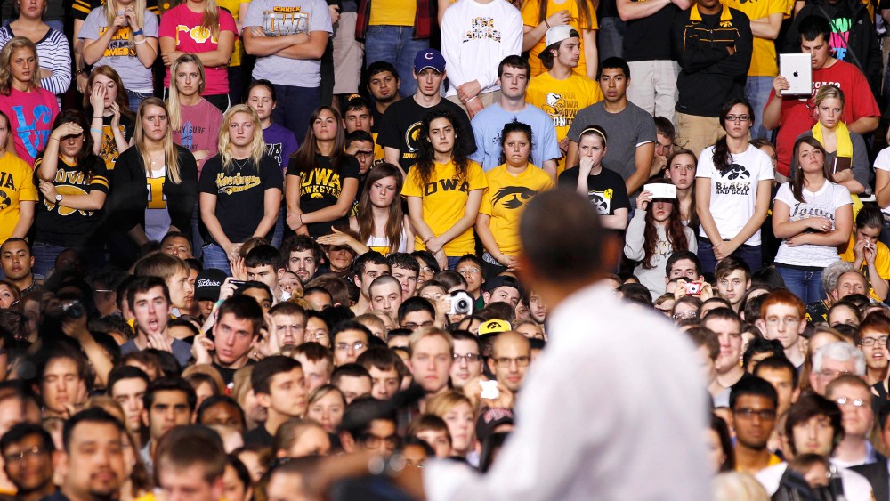 President Barack Obama talks to students at the University of Iowa in Iowa City, April 25, 2012.
