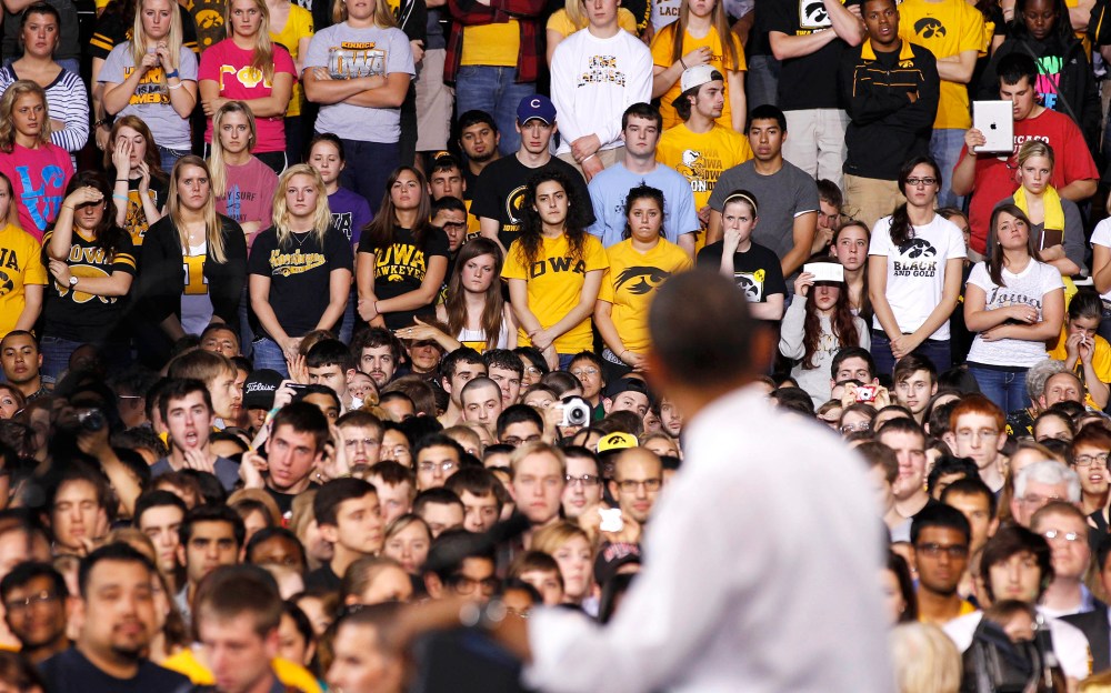 President Barack Obama talks to students at the University of Iowa in Iowa City, April 25, 2012.