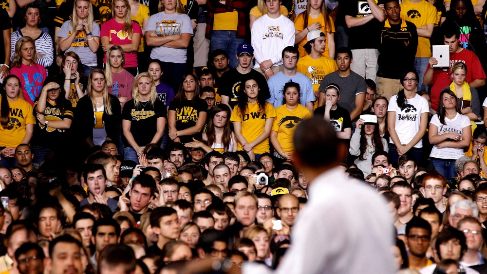 U.S. President Obama talks to students at the University of Iowa about the rising costs of education