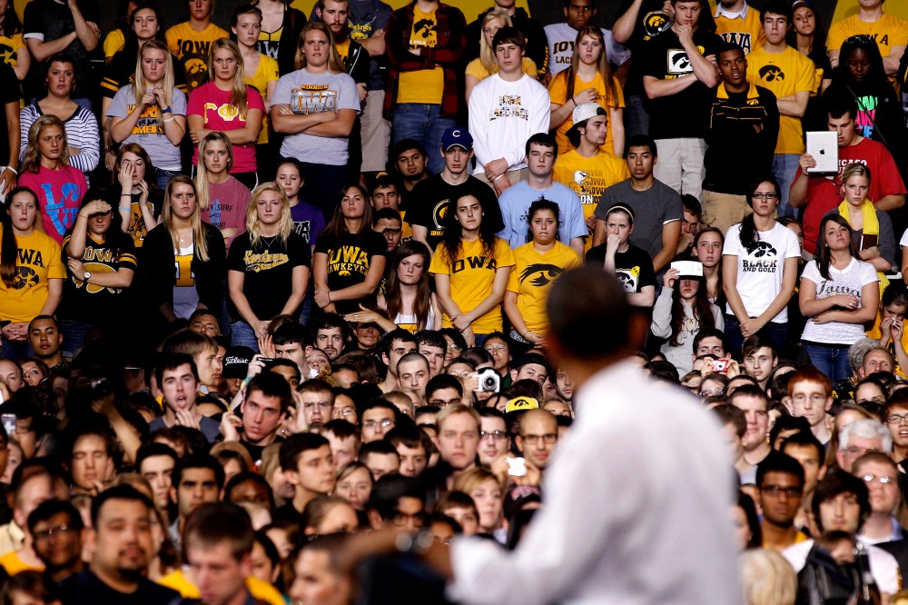 U.S. President Obama talks to students at the University of Iowa about the rising costs of education