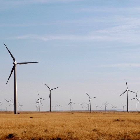 Wind turbines operate at a wind farm near Milford, Utah