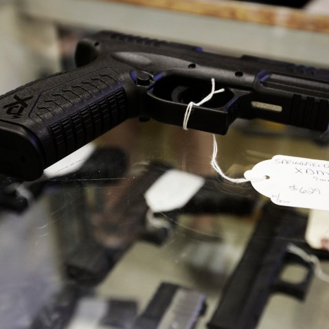 A hand gun  is seen at The Shooter Shop in West Allis, Wisconsin