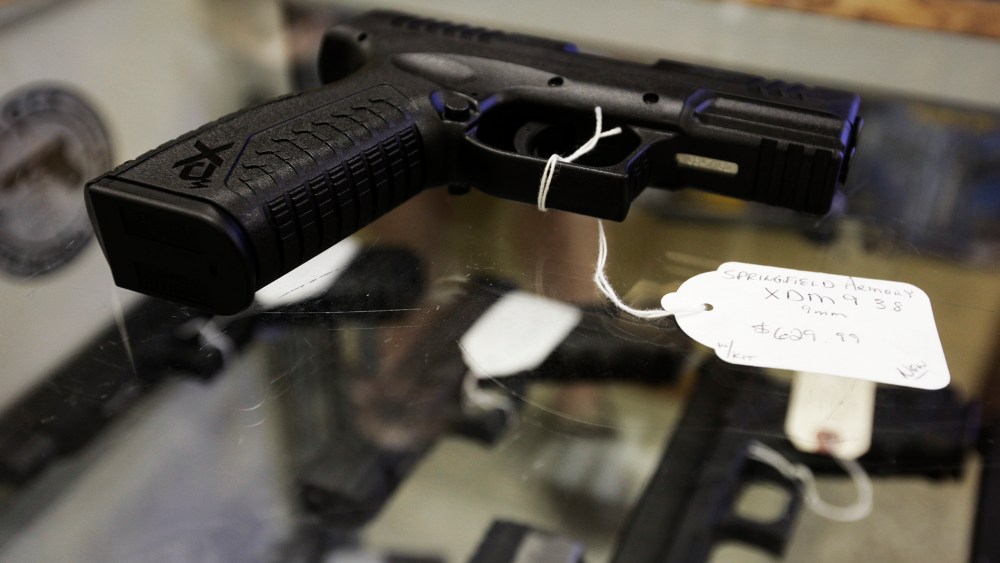 A hand gun  is seen at The Shooter Shop in West Allis, Wisconsin