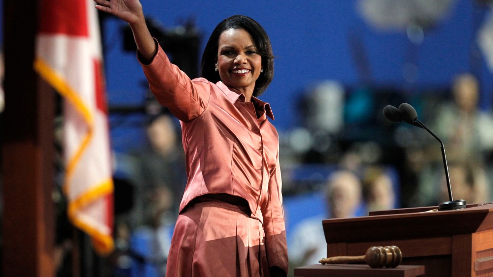 Former U.S. Secretary of State Condoleezza Rice waves as she arrives to address the third session of the 2012 Republican National Convention in Tampa, Fla. on Aug. 29, 2012.