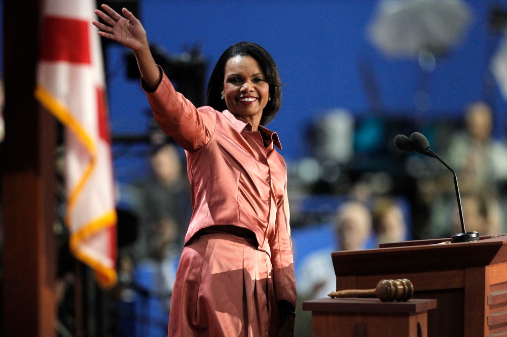 Former U.S. Secretary of State Condoleezza Rice waves as she arrives to address the third session of the 2012 Republican National Convention in Tampa, Fla. on Aug. 29, 2012.