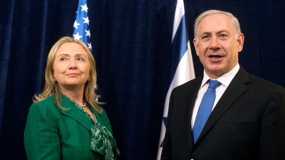 Then-U.S. Secretary of State Hillary Clinton meets with Israeli Prime Minister Benjamin Netanyahu in New York in 2012. (Photo by Keith Bedford/Reuters)