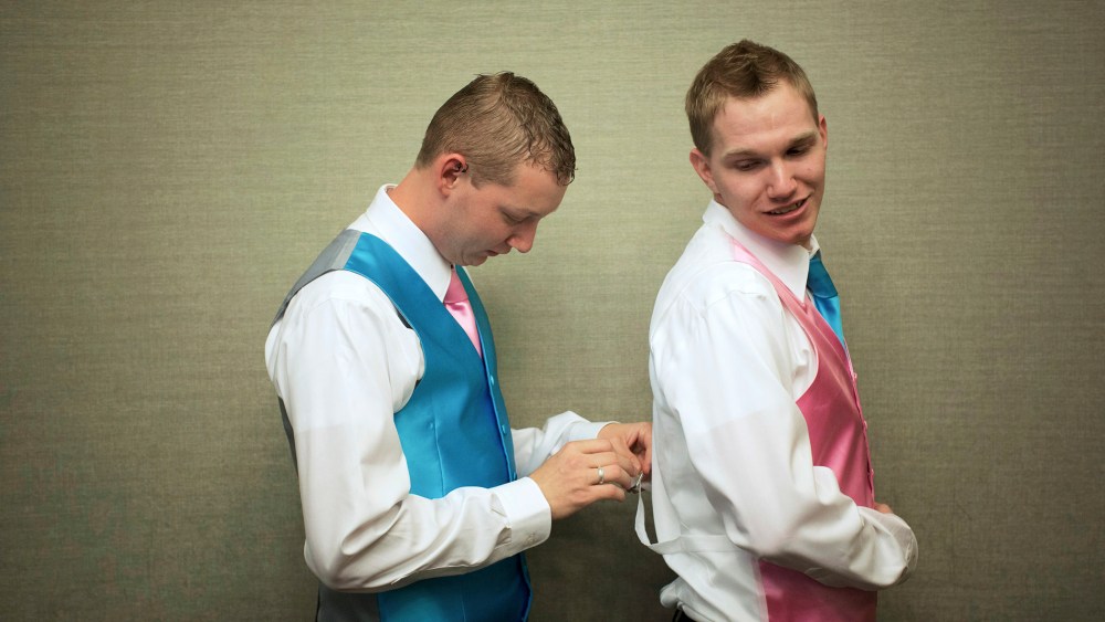 Georgia couple Mark Massey and Dale Frost prepare before registering their marriage at the City Clerk's Office in New York, Oct. 11, 2012.