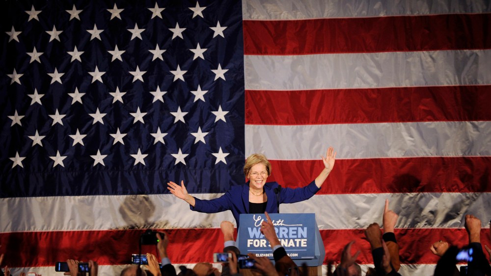 Democratic candidate for the U.S. Senate seat for Massachusetts Elizabeth Warren addresses supporters during her victory rally in Boston