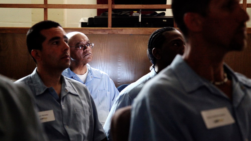 Inmates in the Last Mile program at San Quentin State Prison prepare to present their startup ideas in San Quentin