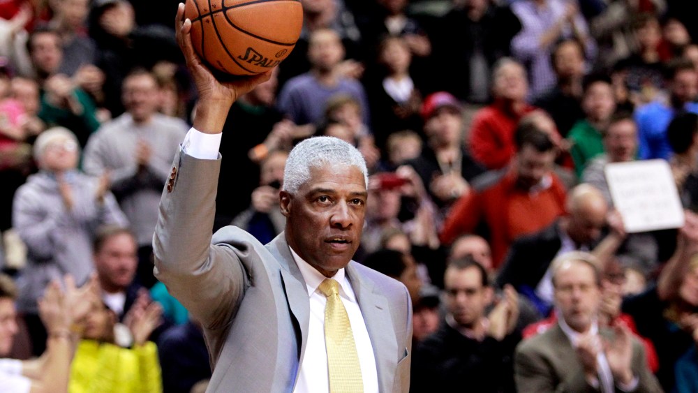Hall of Fame Basketball player Erving brings out the game ball at the start of the Pacers versus the 76ers NBA basketball game in Philadelphia