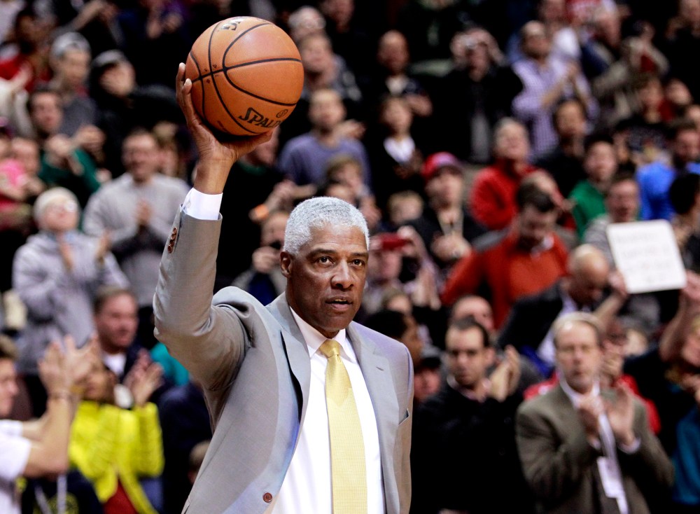 Hall of Fame Basketball player Erving brings out the game ball at the start of the Pacers versus the 76ers NBA basketball game in Philadelphia
