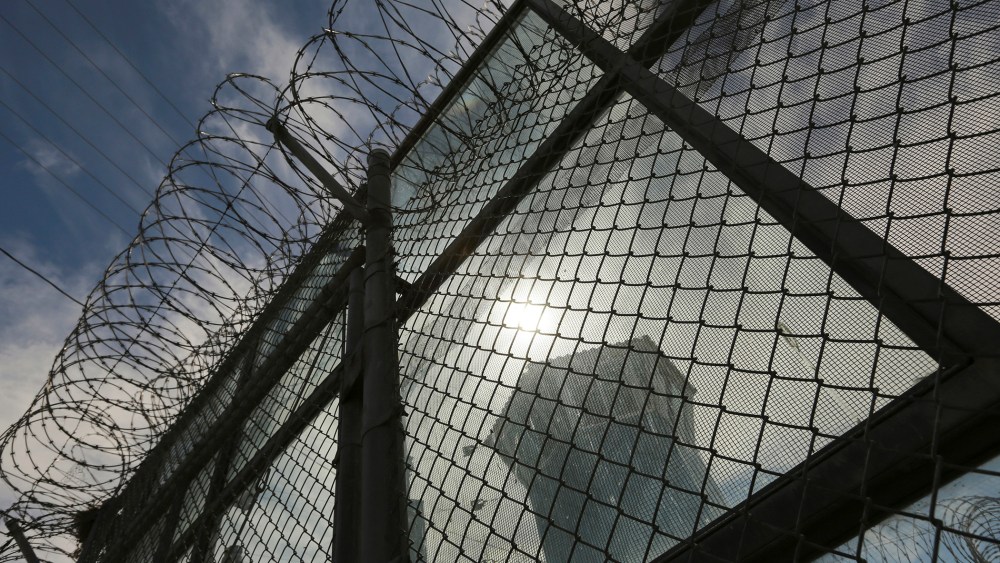 A guard tower is shown at Corcoran State Prison in California