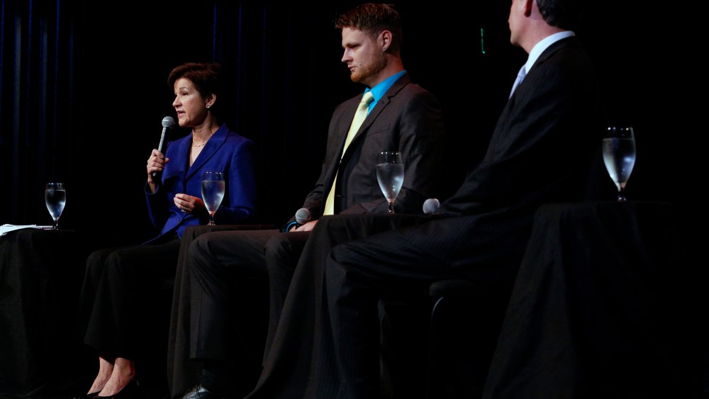 From left, Democrat Alex Sink, Libertarian Lucas Overby and Republican David Jolly, all candidates for Florida's congressional District 13, participate in a candidate forum in Clearwater, Fla, on Feb. 25, 2014.