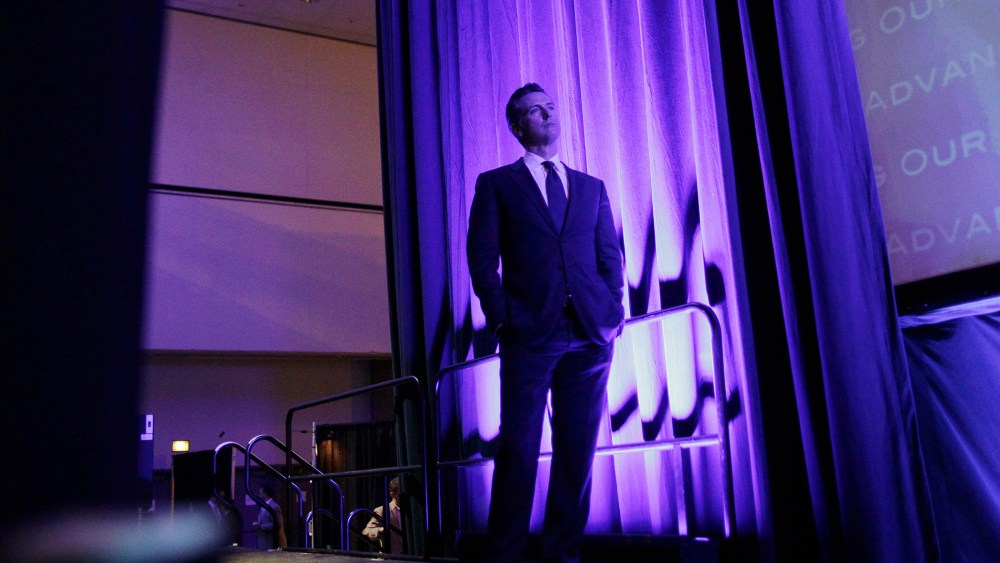 California Lt. Governor Gavin Newsom waits to go onstage to speak at the 2014 California Democrats State Convention at the Los Angeles Convention Center on March 8, 2014.
