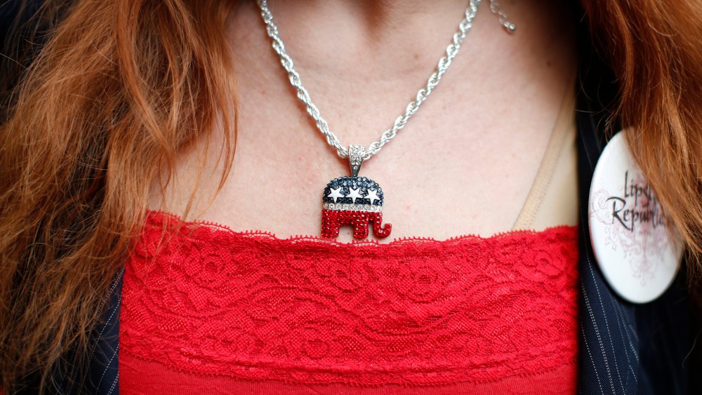An attendee wears a GOP elephant necklace during the California Republican Party Spring Convention in Burlingame, California, March 16, 2014.