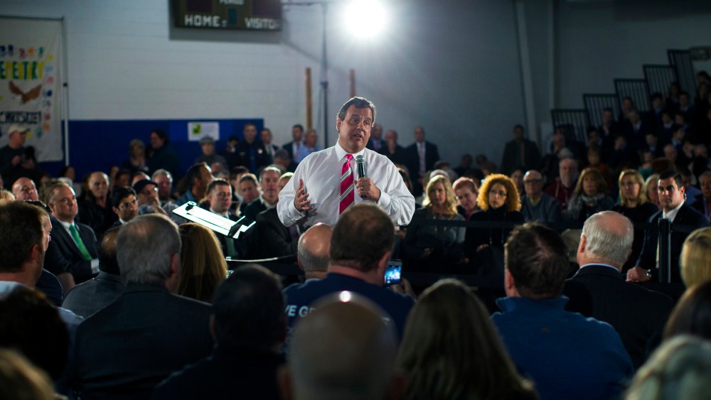 New Jersey Governor Chris Christie speaks to local residents of Belmar, New Jersey, and other shore towns in Monmouth County