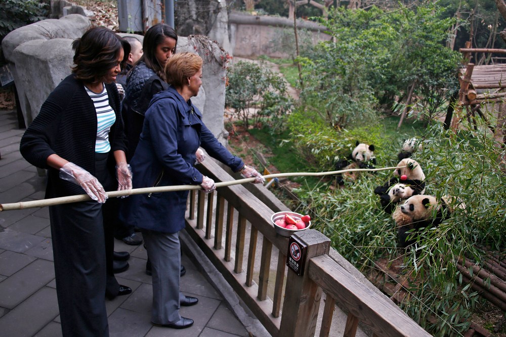 U.S. First Lady Michelle Obama (L) and her mother Marian Robinson (R) feed apples to giant pandas their visit at Giant Panda Research Base in Chengdu, Sichuan province on March 26, 2014.