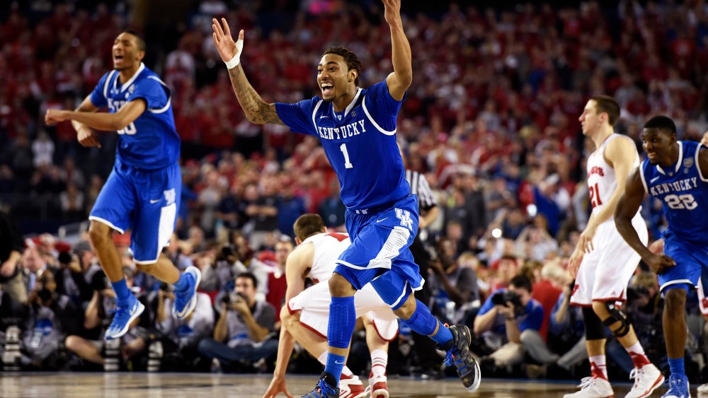 Kentucky Wildcats guard/forward James Young (1) celebrates after defeating the Wisconsin Badgers in the semifinals of the Final Four in the 2014 NCAA Mens Division I Championship tournament, April 5, 2014, in Arlington, Texas.