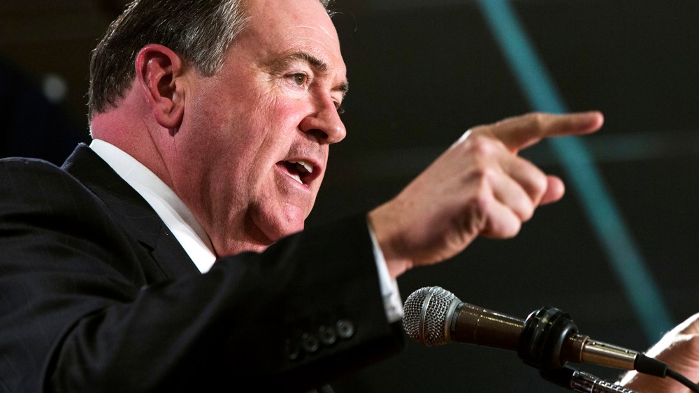 Former Arkansas Governor Mike Huckabee speaks during the inaugural Freedom Summit meeting, April 12, 2014, in Manchester, N.H.