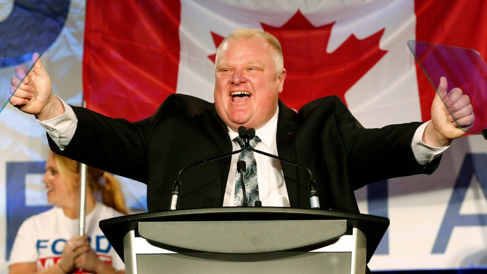 Toronto Mayor Rob Ford reacts on the podium during his campaign launch party in Toronto, Canada, April 17, 2014.