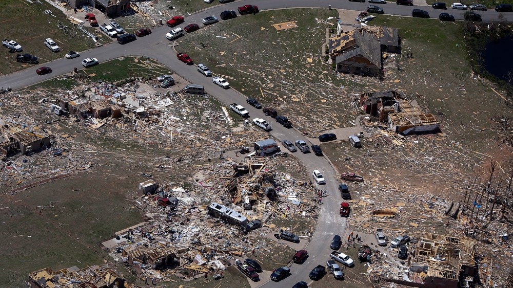 A residential neighborhood is seen destroyed by tornado in aerial photograph taken near Vilonia, Arkansas