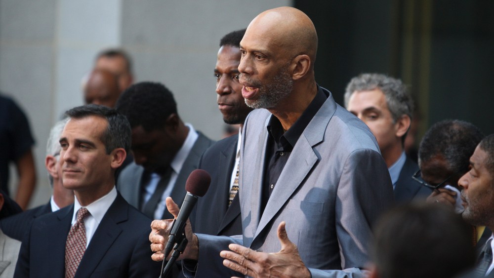 Retired basketball star Kareem Abdul-Jabbar speaks at a news conference after National Basketball Association Commissioner Adam Silver made an announcement regarding Los Angeles Clippers owner Donald Sterling, in Los Angeles, Calif., April 29, 2014.