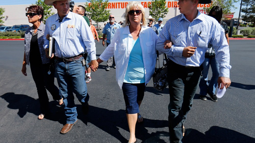 Cliven Bundy's sisters, Lillie Spencer and Margaret Houston walk with Bundy's sons Ammon and Ryan to file criminal complaints against the Bureau of Land Management at the Las Vegas Metropolitan Police Department, May 2, 2014. (Photo by Mike Blake/Reuters)