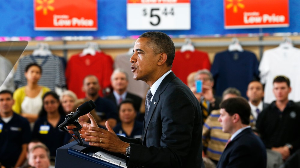 U.S. President Barack Obama speaks about energy during a visit to a Wal-Mart store in Mountain View, Calif. May 9, 2014.