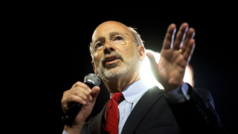 Then, Democratic candidate for Pennsylvania Governor Tom Wolf takes the stage at his primary election night party in Santander Stadium in York, Pa., May 20, 2014. (Photo by Mark Makela/Reuters)
